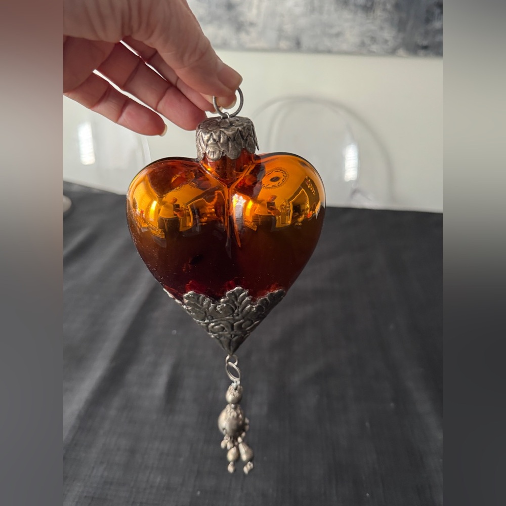 Large Heart-Shaped Glass Ornament with Silver Accents